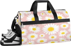 Flower Daisy Pink Resistant Sports Gym Bag for Women Men Travel Duffel bag with Wet Pocket & Shoes Compartment Waterproof Weekender Bag 19.7"x9.9"x13"