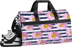 Flower Daisy Stripe Resistant Sports Gym Bag for Women Men Travel Duffel bag with Wet Pocket & Shoes Compartment Waterproof Weekender Bag 19.7"x9.9"x13"