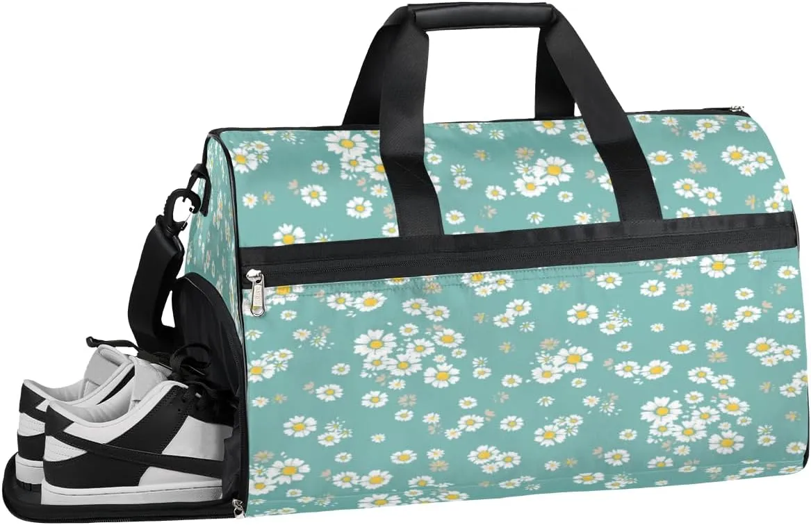 Flower Daisy Theme Resistant Sports Gym Bag for Women Men Travel Duffel bag with Wet Pocket & Shoes Compartment Waterproof Weekender Bag 19.7"x9.9"x13"