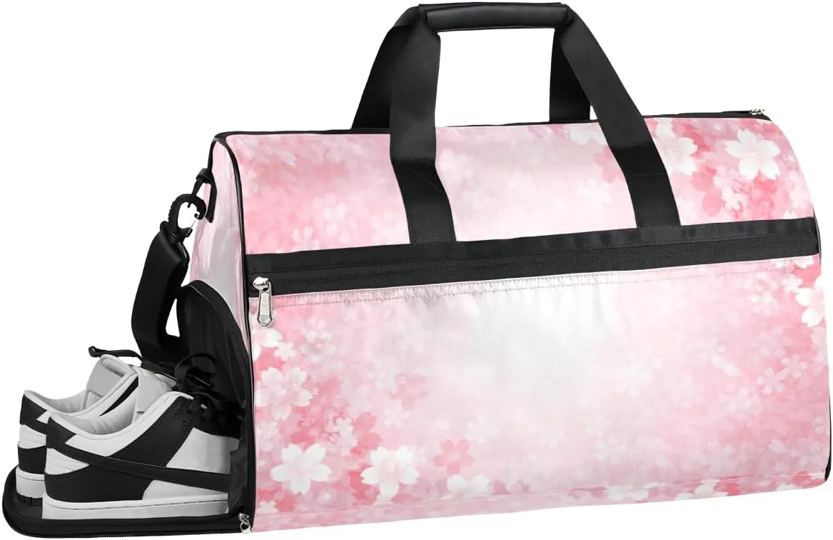 Flower Floral Cherry Resistant Sports Gym Bag for Women Men Travel Duffel bag with Wet Pocket & Shoes Compartment Waterproof Weekender Bag 19.7"x9.9"x13"