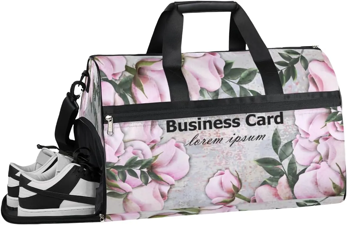 Flower Floral Roses Resistant Sports Gym Bag for Women Men Travel Duffel bag with Wet Pocket & Shoes Compartment Waterproof Weekender Bag 19.7"x9.9"x13"