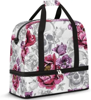 Flower Floral Skull Pattern Foldable Travel Duffel Bag Tote Carry on Luggage Sport Duffle for Women Men Gym Bag Overnight Weekender Bags with Shoe Compartments & Shoulder Strap
