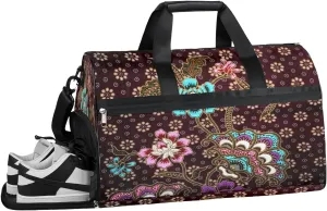 Flower Ornament Pattern Sports Gym Bag for Women and Men Travel Duffel Bag Overnight Shoulder Bag Waterproof Workout Bag Portable Sports Tote with Shoes Compartment