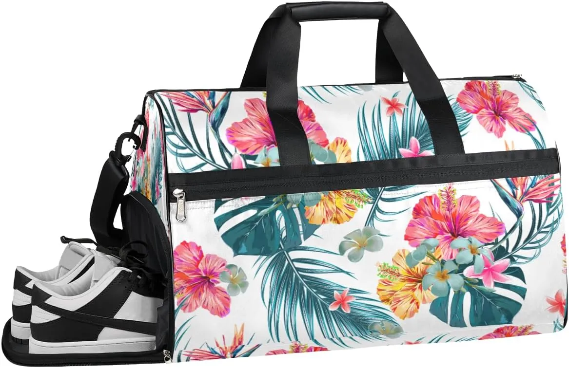 Flower Palm Tree Leaves Resistant Sports Gym Bag for Women Men Travel Duffel bag with Wet Pocket & Shoes Compartment Waterproof Weekender Bag 19.7"x9.9"x13"