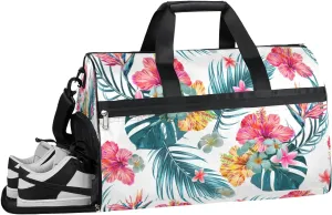 Flower Palm Tree Leaves Resistant Sports Gym Bag for Women Men Travel Duffel bag with Wet Pocket & Shoes Compartment Waterproof Weekender Bag 19.7"x9.9"x13"
