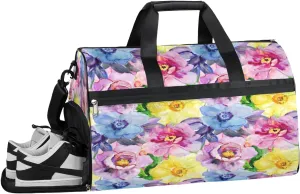 Flowers Blossom Retro Sports Gym Bag for Women and Men Travel Duffel Bag Overnight Shoulder Bag Waterproof Workout Bag Portable Sports Tote with Shoes Compartment