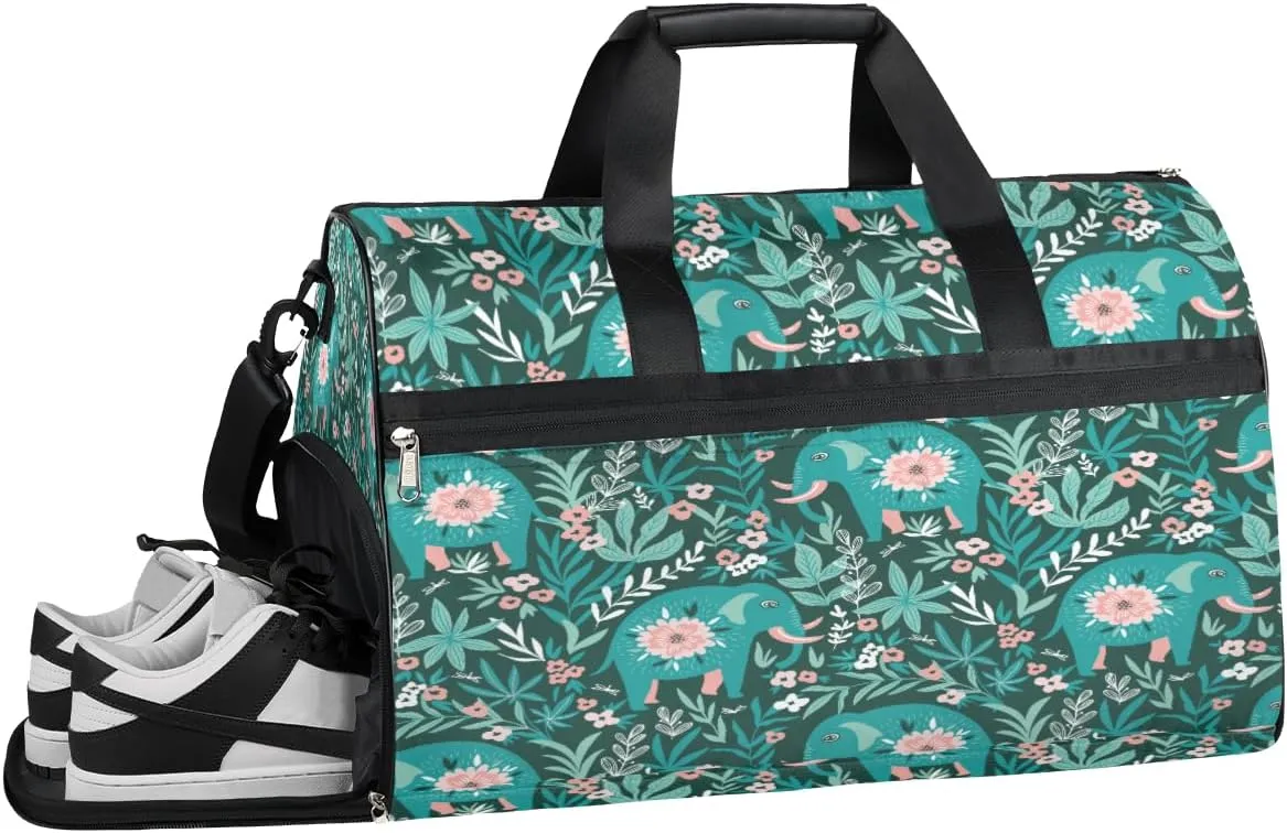 Flowers Cute Elephant Resistant Sports Gym Bag for Women Men Travel Duffel bag with Wet Pocket & Shoes Compartment Waterproof Weekender Bag 19.7"x9.9"x13"