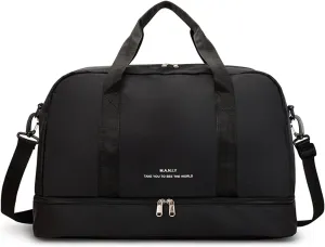 FOAN & MABLE Light Gym Bag for Women, Large Capacity Sports Travel Duffle Bag with Shoe Compartment & Wet Pocket, Lady Weekender Overnight Aircraft Bag (Black)