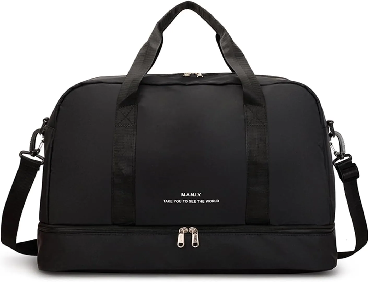 FOAN & MABLE Light Gym Bag for Women, Large Capacity Sports Travel Duffle Bag with Shoe Compartment & Wet Pocket, Lady Weekender Overnight Aircraft Bag (Black)