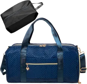 Foldable Travel Carry On Duffle Bag Shoes Case & Compartment, Large Capacity Woven Gold Metal Zipper Collapsible Bags (Wave Navy, 19.7 x 9.1 x 9.8 in)