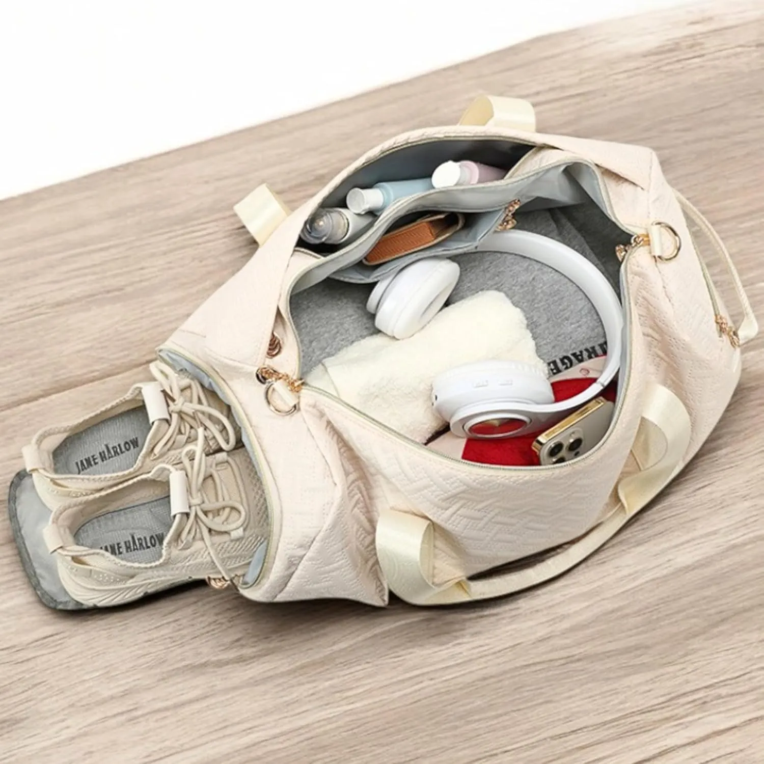 Foldable Travel Carry On Duffle Bag Shoes Case & Compartment, Large Capacity Woven Gold Metal Zipper Collapsible Bags (Wave Navy, 19.7 x 9.1 x 9.8 in)