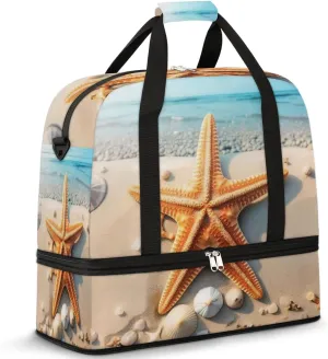 Foldable Travel Duffel Bag Tote Carry on Luggage Bag Beach Starfish Sports Gym Bag with Shoes Compartment Small Overnight Weekender Bag for Women Men