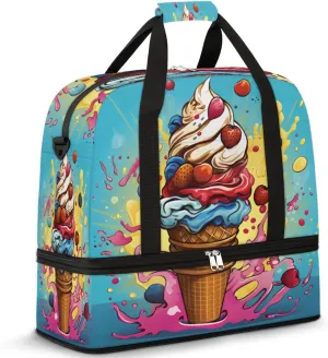 Foldable Travel Duffel Bag Tote Carry on Luggage Bag Cartoon Ice Cream Sports Gym Bag with Shoes Compartment Small Overnight Weekender Bag for Women Men