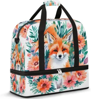 Foldable Travel Duffel Bag Tote Carry on Luggage Bag Fox And Floral Sports Gym Bag with Shoes Compartment Small Overnight Weekender Bag for Women Men