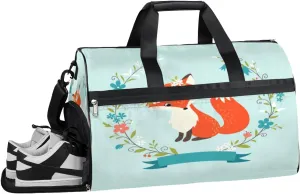 Fox Animal Flower Sports Gym Bag with Wet Pocket & Shoes Compartment Waterproof Workout Duffel Bag for Women and Men Weekender Overnight Duffle Bag Travel Carry-on Tote