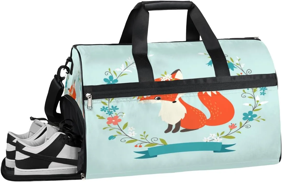 Fox Animal Flower Sports Gym Bag with Wet Pocket & Shoes Compartment Waterproof Workout Duffel Bag for Women and Men Weekender Overnight Duffle Bag Travel Carry-on Tote