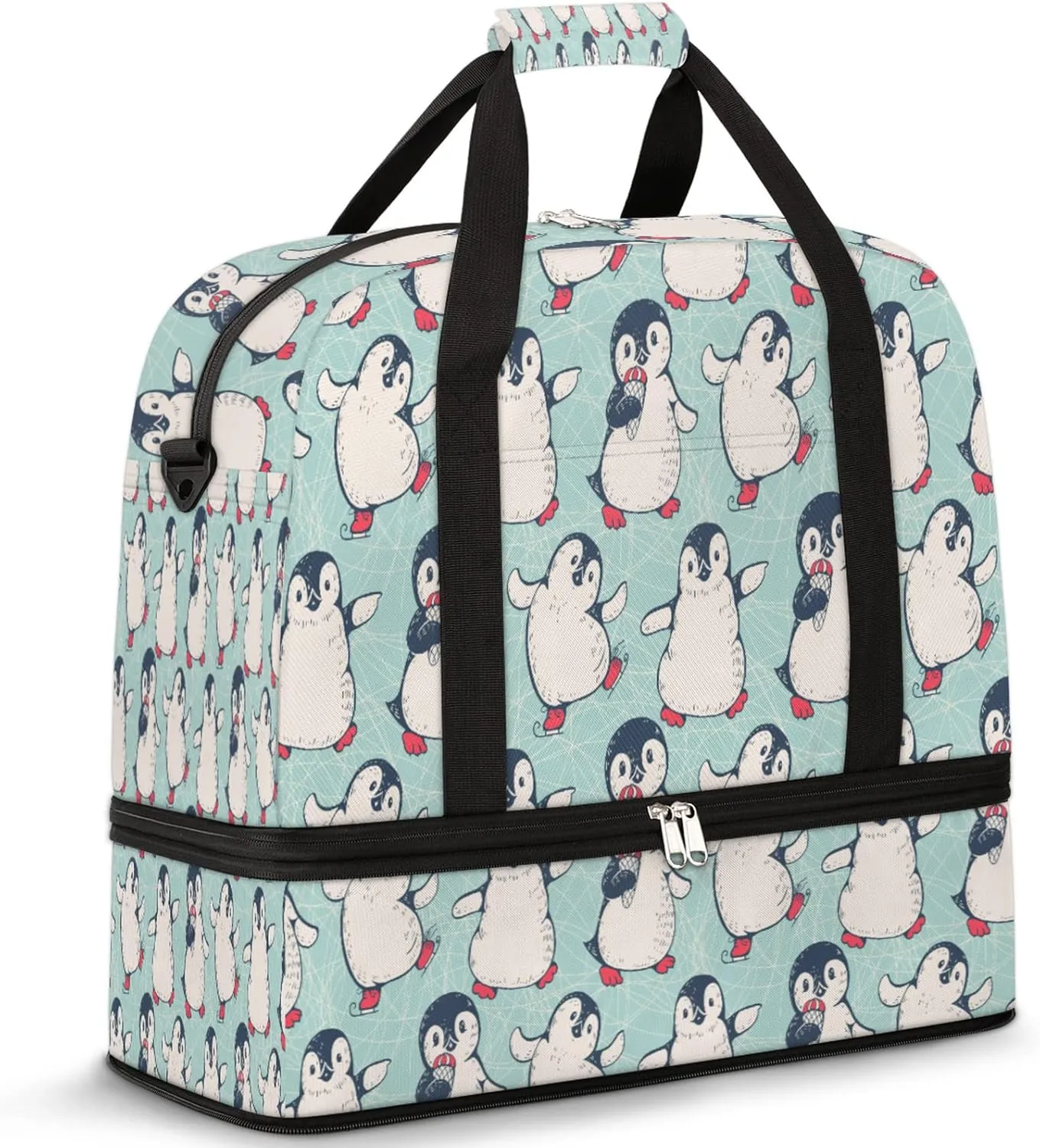 Funny Dancing Penguin Foldable Travel Duffel Bag Tote Carry On Luggage Sport Duffle for Women Men Gym Bag Overnight Weekender Bags with Shoe Compartments & Shoulder Strap