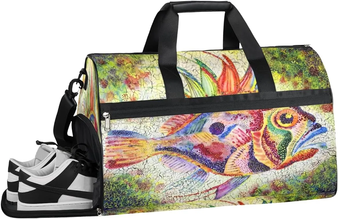 Funny Fish Art Sports Gym Bag for Women and Men Travel Duffel Bag Overnight Shoulder Bag Waterproof Workout Bag Portable Sports Tote with Shoes Compartment