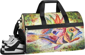 Funny Fish Art Sports Gym Bag for Women and Men Travel Duffel Bag Overnight Shoulder Bag Waterproof Workout Bag Portable Sports Tote with Shoes Compartment