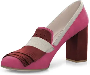 FYS Women Tassel Round Toe Loafers Chunky Block High Heel Pumps Contrast Stitching Fashion Dressy Shoes Size 4-16 US
