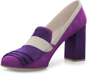 FYS Women Tassel Round Toe Loafers Chunky Block High Heel Pumps Contrast Stitching Fashion Dressy Shoes Size 4-16 US