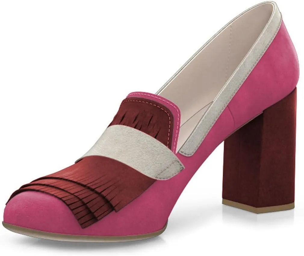 FYS Women Tassel Round Toe Loafers Chunky Block High Heel Pumps Contrast Stitching Fashion Dressy Shoes Size 4-16 US