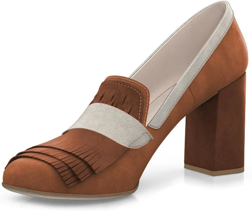 FYS Women Tassel Round Toe Loafers Chunky Block High Heel Pumps Contrast Stitching Fashion Dressy Shoes Size 4-16 US