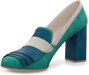 FYS Women Tassel Round Toe Loafers Chunky Block High Heel Pumps Contrast Stitching Fashion Dressy Shoes Size 4-16 US