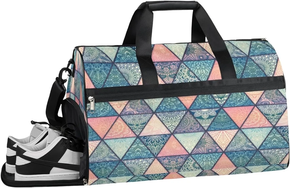 Geometric Sports Gym Bag with Wet Pocket & Shoes Compartment Waterproof Workout Duffel Bag for Women and Men Weekender Overnight Duffle Bag Travel Carry-on Tote