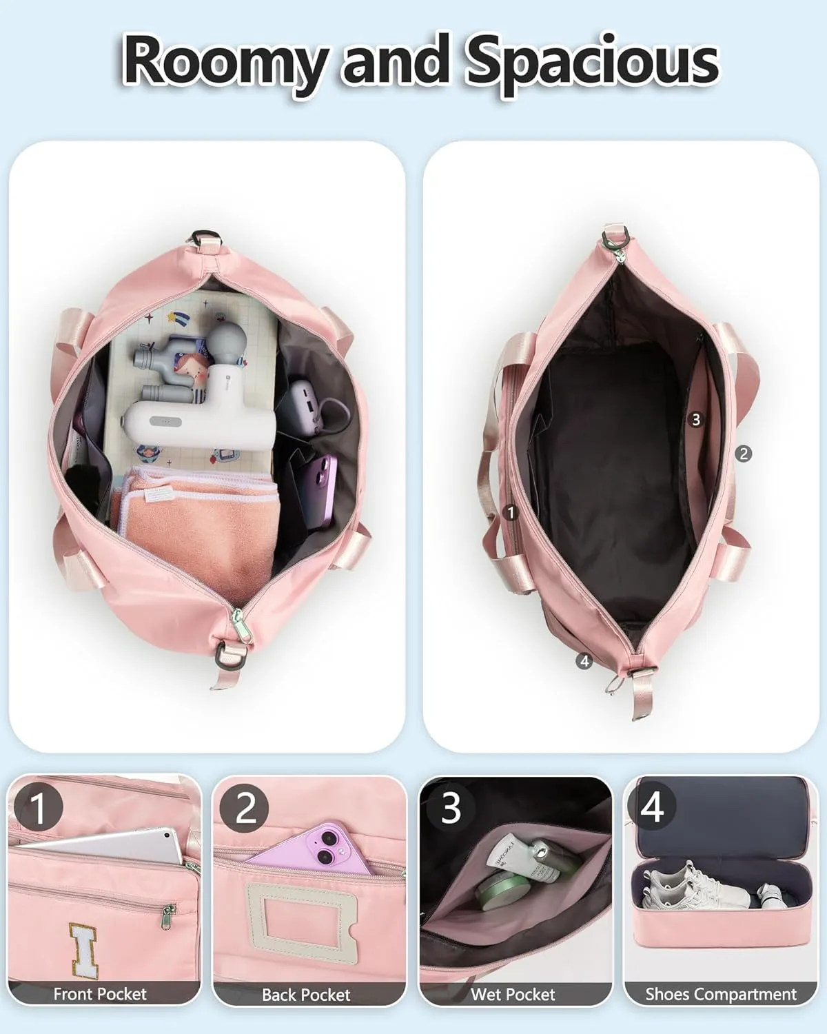 Gifts for Women & Girls-Initial Duffle Bag for Travel, Carry on Bag Duffel Bags, GYM Weekend Overnight Bag with Shoes Compartment,Hospital Bags -Pink B