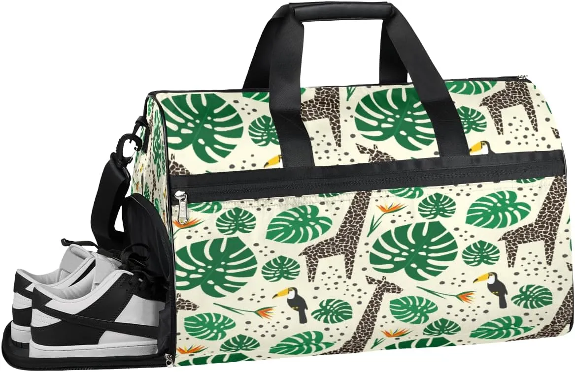 Giraffes Palm Leaves Resistant Sports Gym Bag for Women Men Travel Duffel bag with Wet Pocket & Shoes Compartment Waterproof Weekender Bag 19.7"x9.9"x13"