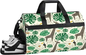 Giraffes Palm Leaves Resistant Sports Gym Bag for Women Men Travel Duffel bag with Wet Pocket & Shoes Compartment Waterproof Weekender Bag 19.7"x9.9"x13"