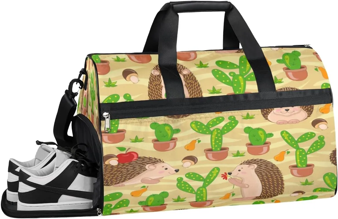 Green Hedgehog Cactus Sports Gym Bag with Wet Pocket & Shoes Compartment Waterproof Workout Duffel Bag for Women and Men Weekender Overnight Duffle Bag Travel Carry-on Tote