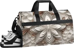 Grey Texture Gym Bag for Womens Mens with Shoes Compartment, Geometric Flower Duffle Bag for Airplane Sport Gym Tote Bags Yoga Waterproof Weekender Travel Bag
