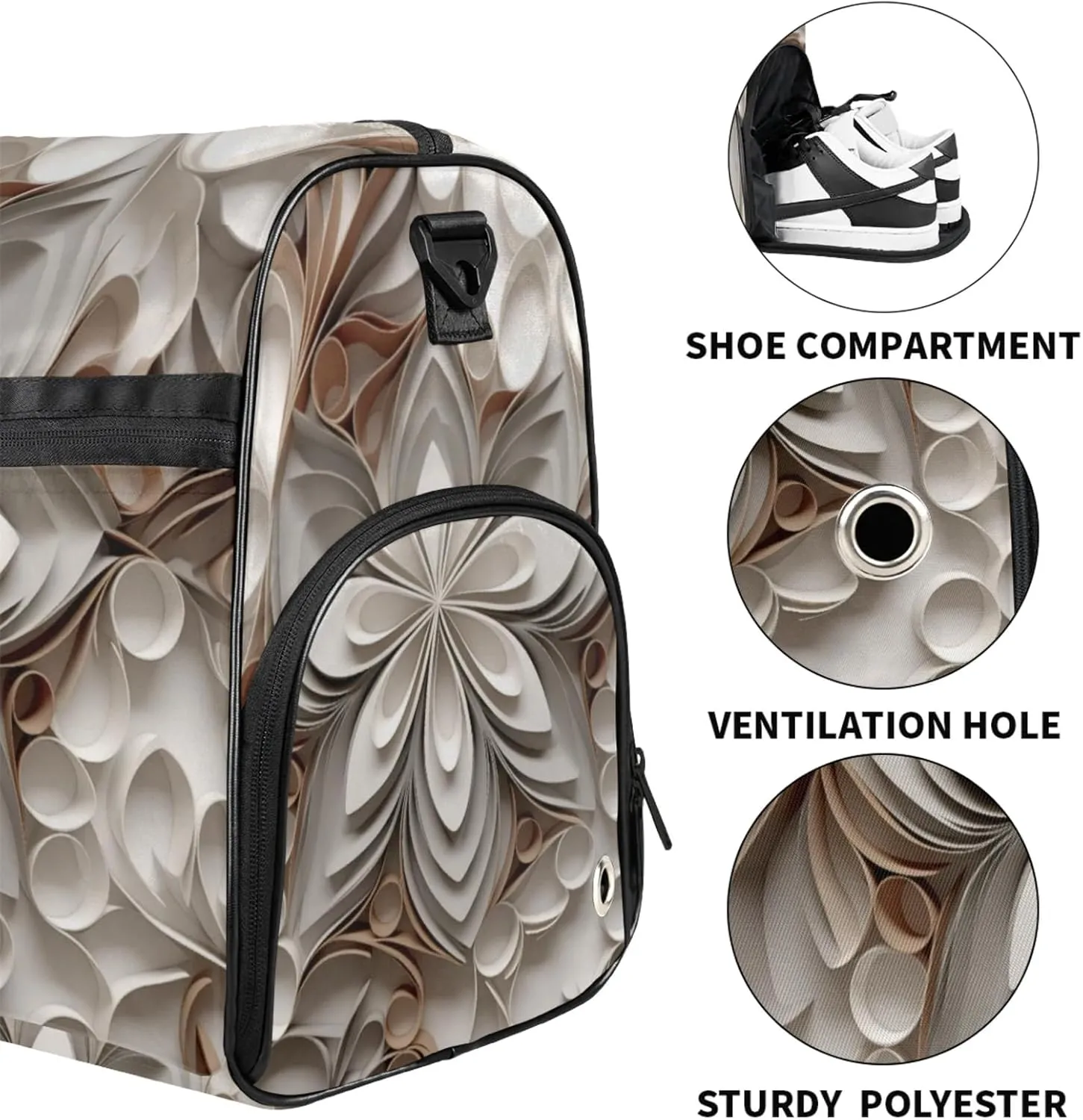 Grey Texture Gym Bag for Womens Mens with Shoes Compartment, Geometric Flower Duffle Bag for Airplane Sport Gym Tote Bags Yoga Waterproof Weekender Travel Bag