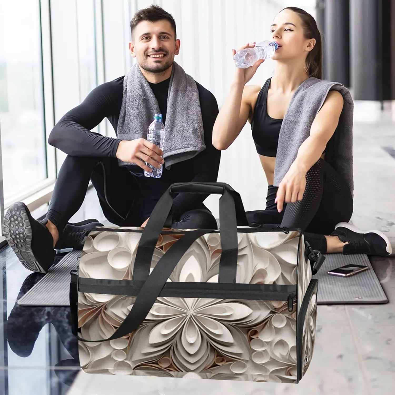 Grey Texture Gym Bag for Womens Mens with Shoes Compartment, Geometric Flower Duffle Bag for Airplane Sport Gym Tote Bags Yoga Waterproof Weekender Travel Bag