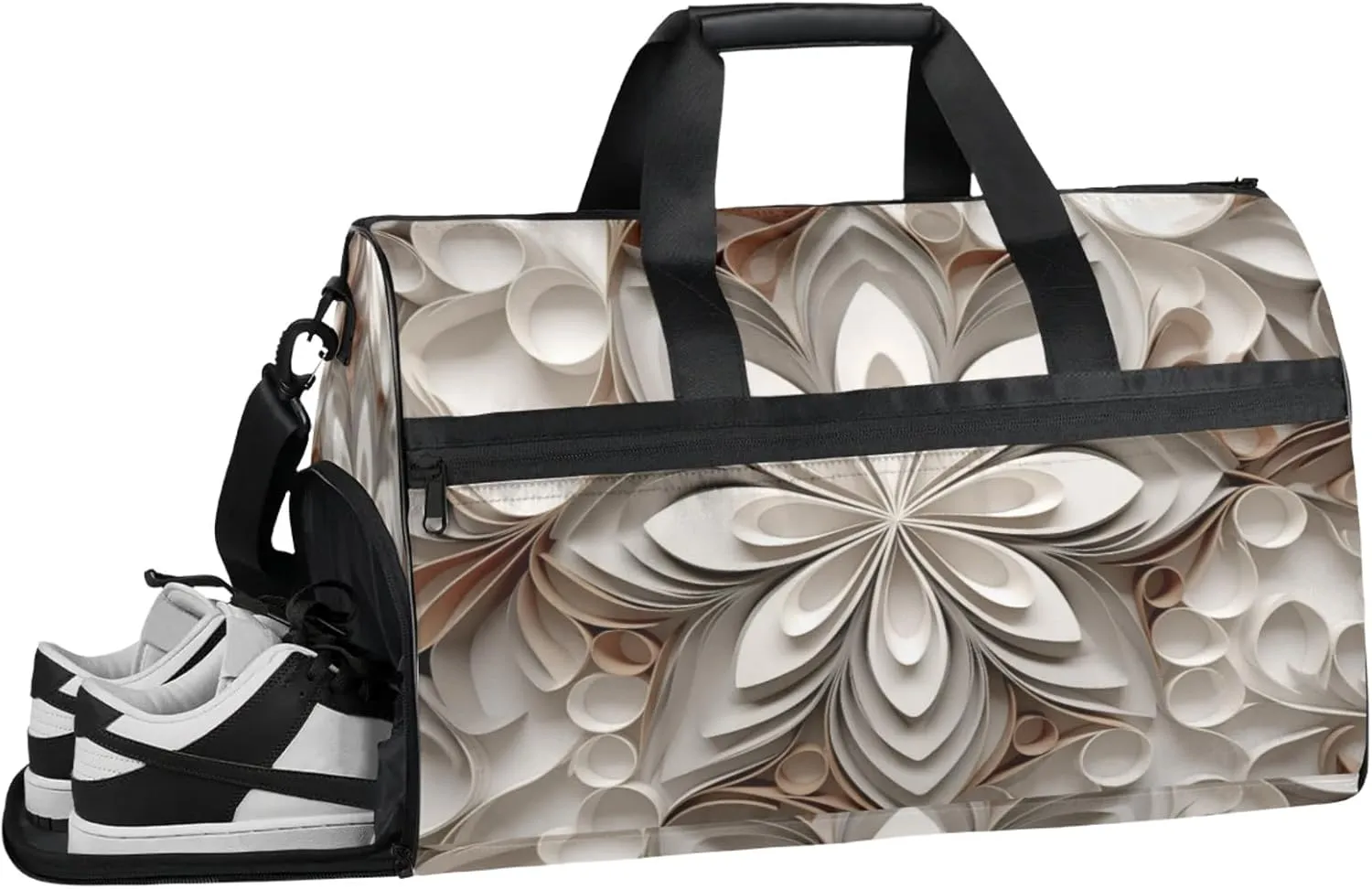 Grey Texture Gym Bag for Womens Mens with Shoes Compartment, Geometric Flower Duffle Bag for Airplane Sport Gym Tote Bags Yoga Waterproof Weekender Travel Bag