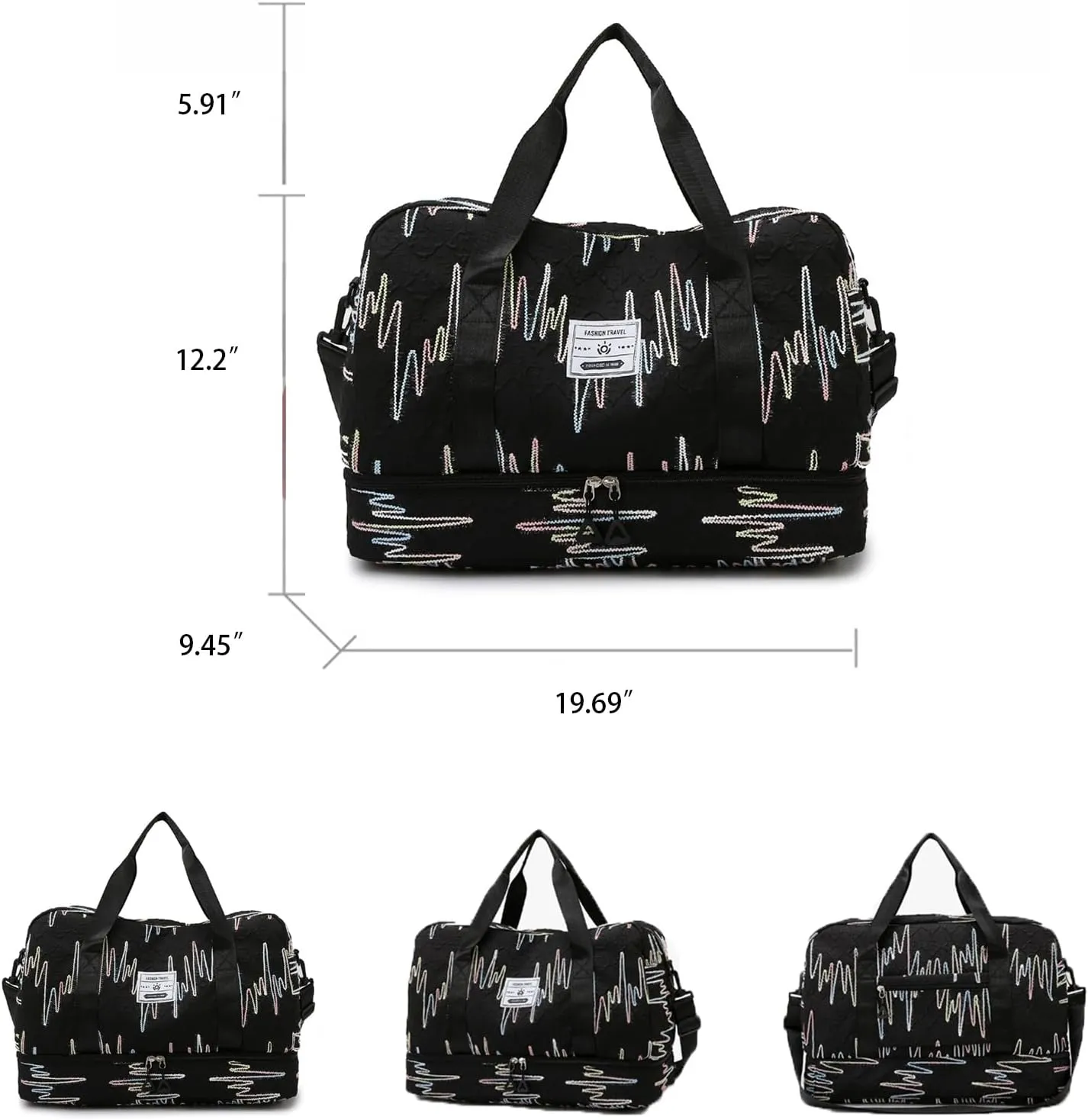 Gym Bag for Women with Double Layer Travel Makeup Bag, Gym Duffel Bag, Weekender Overnight Bag with Wet Pocket and Shoes Compartment for Women (Black)