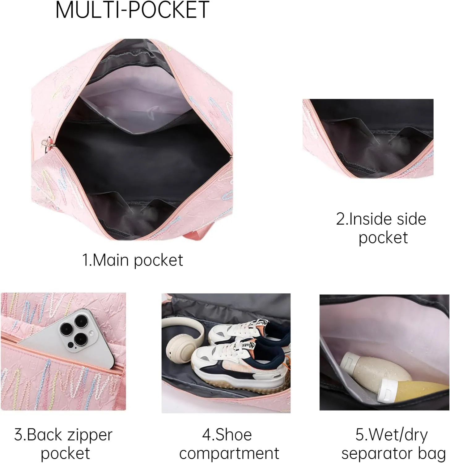 Gym Bag for Women with Double Layer Travel Makeup Bag, Gym Duffel Bag, Weekender Overnight Bag with Wet Pocket and Shoes Compartment for Women (Black)