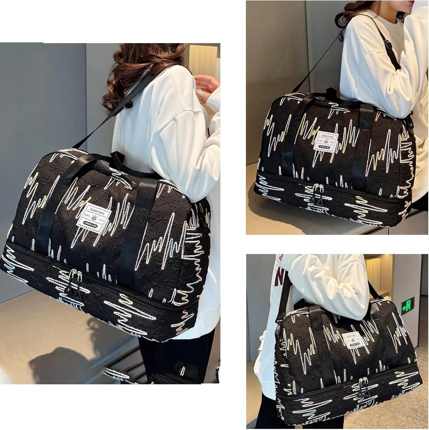 Gym Bag for Women with Double Layer Travel Makeup Bag, Gym Duffel Bag, Weekender Overnight Bag with Wet Pocket and Shoes Compartment for Women (Black)