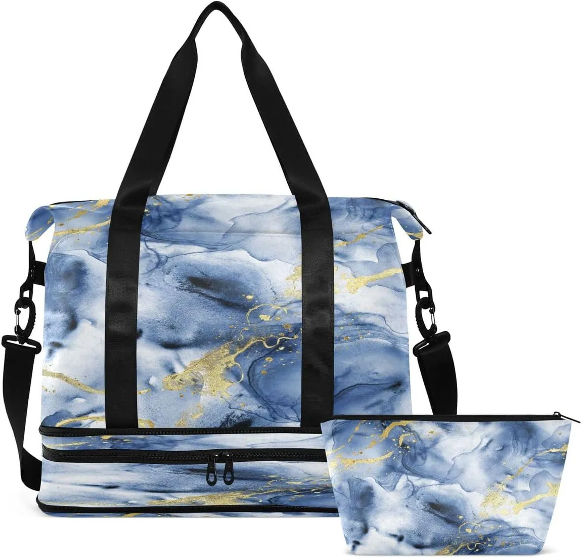 Gym Bag Sports Travel Duffel Bag Weekender Overnight Bag with Wet Pocket Shoes Compartment and Toiletry Bag Blue Gold Marble for Travel, Business,Gym, Yoga