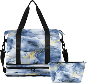 Gym Bag Sports Travel Duffel Bag Weekender Overnight Bag with Wet Pocket Shoes Compartment and Toiletry Bag Blue Gold Marble for Travel, Business,Gym, Yoga