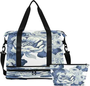Gym Bag Sports Travel Duffel Bag Weekender Overnight Bag with Wet Pocket Shoes Compartment and Toiletry Bag Blue Peony for Travel, Business,Gym, Yoga