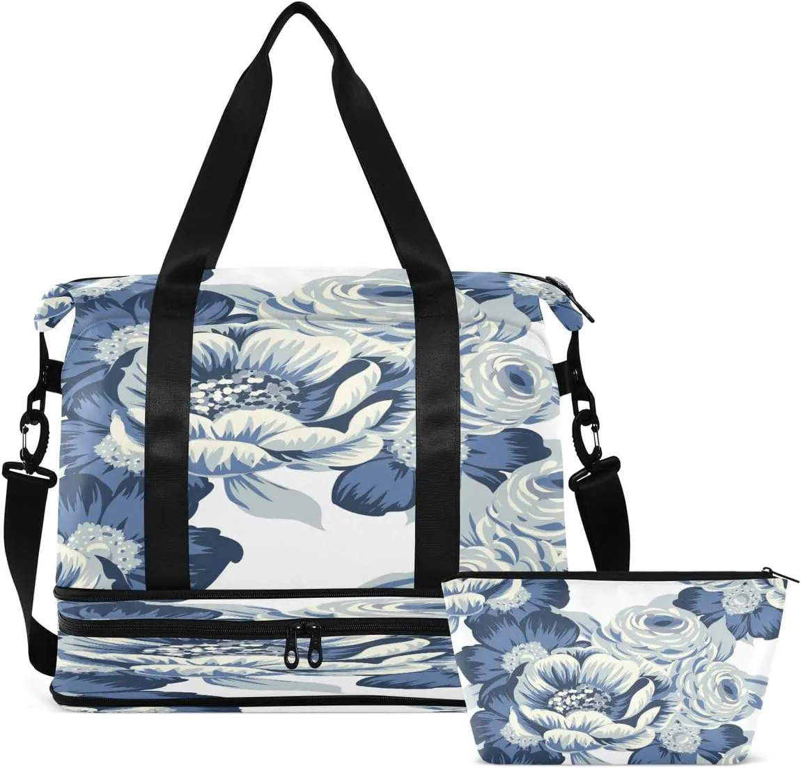 Gym Bag Sports Travel Duffel Bag Weekender Overnight Bag with Wet Pocket Shoes Compartment and Toiletry Bag Blue Peony for Travel, Business,Gym, Yoga
