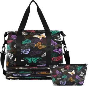 Gym Bag Sports Travel Duffel Bag Weekender Overnight Bag with Wet Pocket Shoes Compartment and Toiletry Bag Butterfly Colorful Animals for Travel, Business,Gym, Yoga
