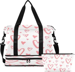 Gym Bag Sports Travel Duffel Bag Weekender Overnight Bag with Wet Pocket Shoes Compartment and Toiletry Bag Cute Hearts for Travel, Business,Gym, Yoga