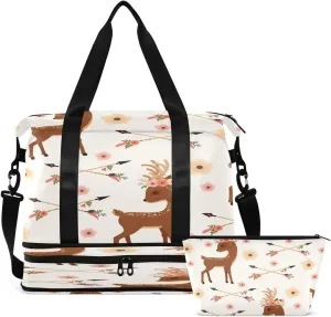 Gym Bag Sports Travel Duffel Bag Weekender Overnight Bag with Wet Pocket Shoes Compartment and Toiletry Bag Flower Deer for Travel, Business,Gym, Yoga