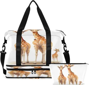 Gym Bag Sports Travel Duffel Bag Weekender Overnight Bag with Wet Pocket Shoes Compartment and Toiletry Bag Giraffe Family for Travel, Business,Gym, Yoga