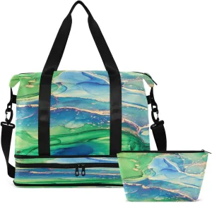 Gym Bag Sports Travel Duffel Bag Weekender Overnight Bag with Wet Pocket Shoes Compartment and Toiletry Bag Green Blue Marble for Travel, Business,Gym, Yoga