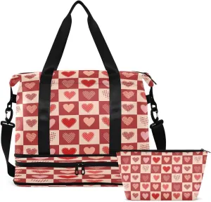 Gym Bag Sports Travel Duffel Bag Weekender Overnight Bag with Wet Pocket Shoes Compartment and Toiletry Bag Grid Lover Heart for Travel, Business,Gym, Yoga